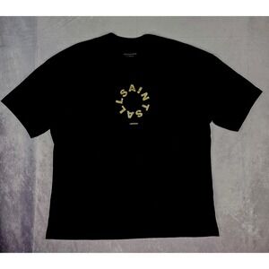 AllSaints Mens Medium Black Underground Gold Logo Oversized Graphic Tee Designer